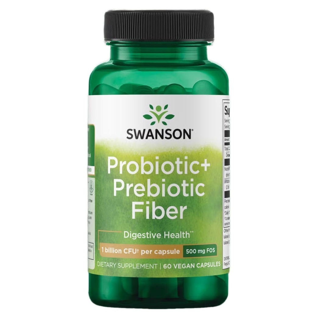 Swanson Prebiotic + Probiotic Fiber Digestive and Immune Health Supplement for Gut-Health-Conscious Adults with 500 Million CFU (60 Vegan Capsules)