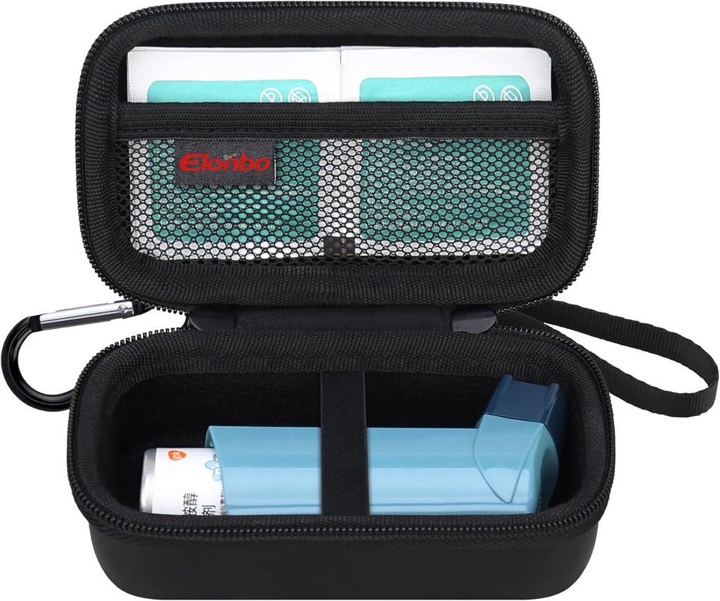 Elonbo Asthma Inhaler Carrying Case, Travel Organize Holder Bag for Ventolin Inhaler, Extra Interior Mesh Pocket Fits Asthma Mediction, Black+Inside Black (CASE ONLY! Inhaler Medicine Not Included)