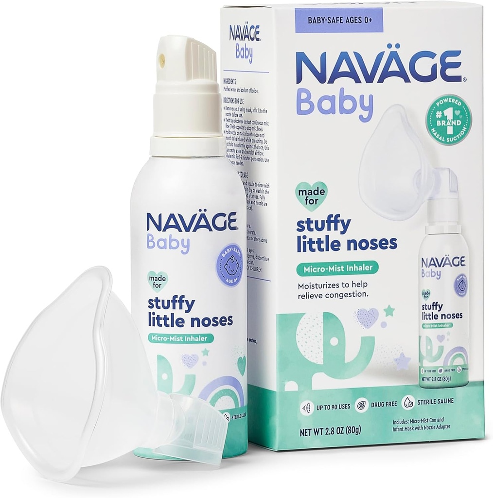 Navage Baby Micro-Mist Saline Inhaler - ορός Nasal Spray για την ανακούφιση της συμφόρησης - Παιδιατρικός Speed Baby Nasal Spray w/Mask & Quiet, Continuous Mist (2.8 oz)