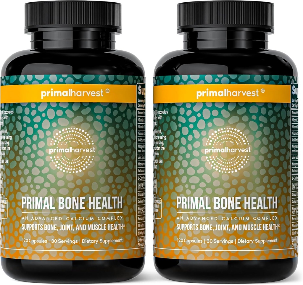 Primal Harvest 2 Pack, Primal Bone Health Calcium Carbonate Bone Health Complex for Men & Women with Calcium, Magnesium, Zinc, Manganese, Potassium, & L-Carnitine (240 Capsules)