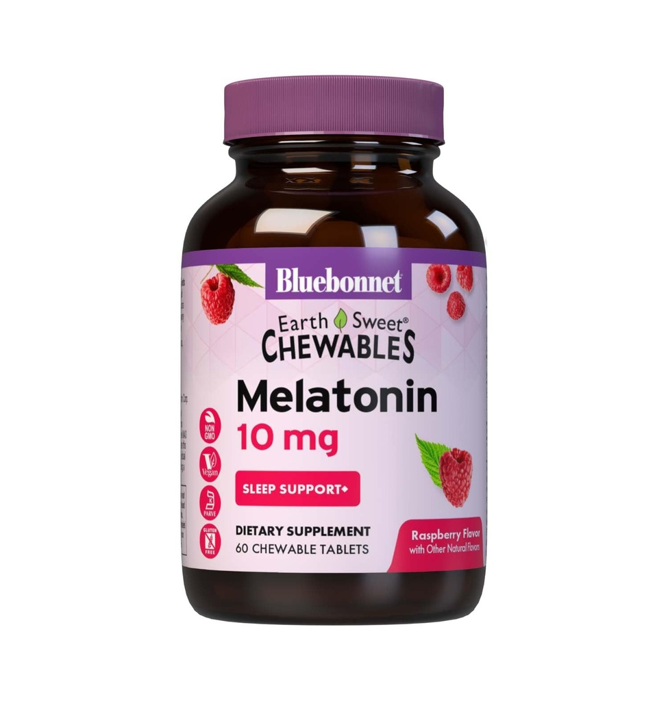 BlueBonnet Nutrition EarthSweet Melatonin 10 mg Γρήγορη Διαλύοντας τη Νύχτα Χαλάρωση & Ξεκούραστη Υποστήριξη Ύπνου - Βοήθεια ύπνου - Χωρίς γλουτένη, Vegan - Βατόμουρο Γεύση - 60 Μασώμενα δισκία