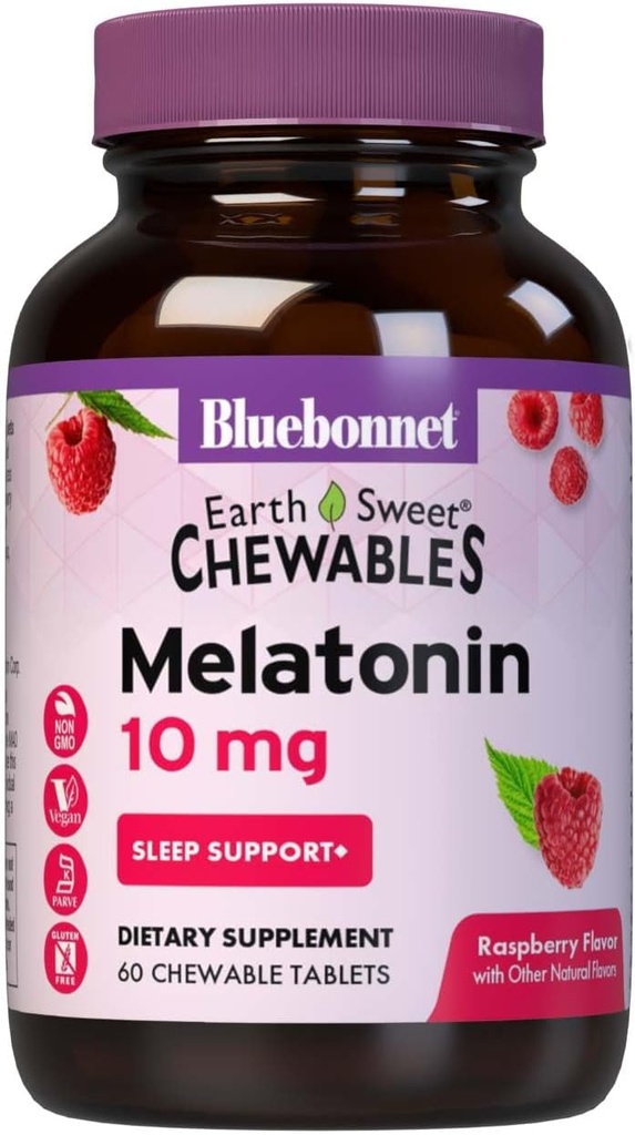 BlueBonnet Nutrition EarthSweet Melatonin 10 mg Γρήγορη Διαλύοντας τη Νύχτα Χαλάρωση & Ξεκούραστη Υποστήριξη Ύπνου - Βοήθεια ύπνου - Χωρίς γλουτένη, Vegan - Βατόμουρο Γεύση - 60 Μασώμενα δισκία