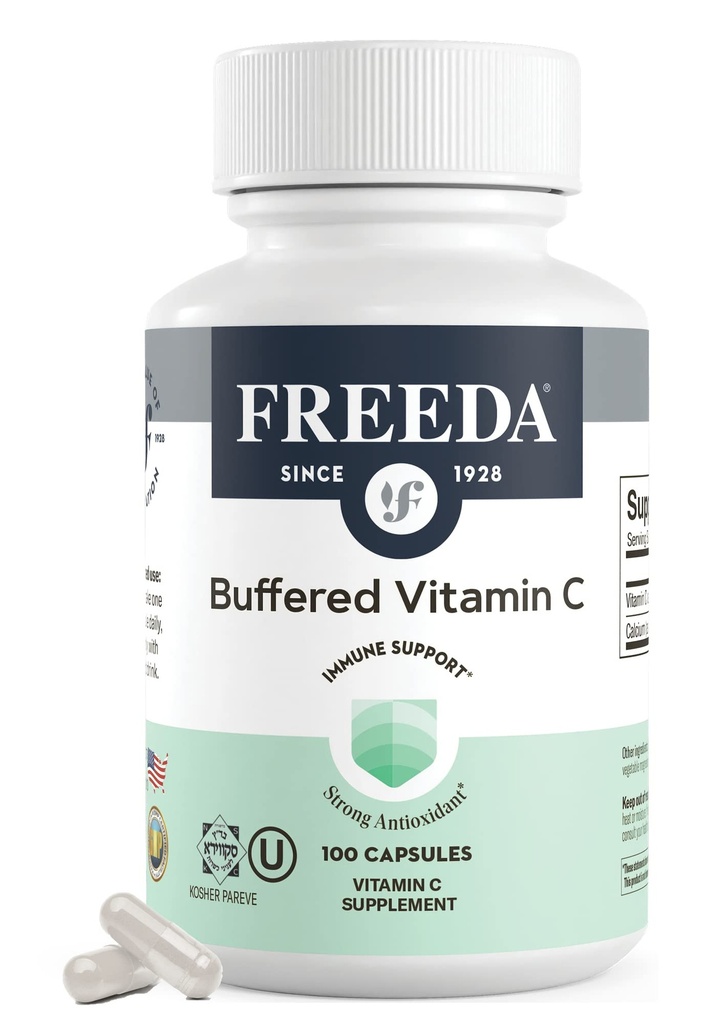 FREEDA Buffered Vitamin C 500mg – Μη Ακιδικό Ασκορβικό Ασβέστιο – Ανοσολογική Υποστήριξη & Αντιοξειδωτικό – Kosher, Απαλό στο στομάχι – 100 Κάψουλες