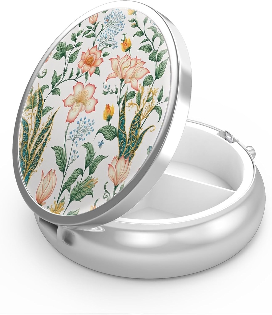 Pill Box 3 Compartment Medicine Pill Case,Portable for Pocket or Purse Pill Box Decorative Metal Medicine Vitamin Organizer Unique Gift(Floral Flower)