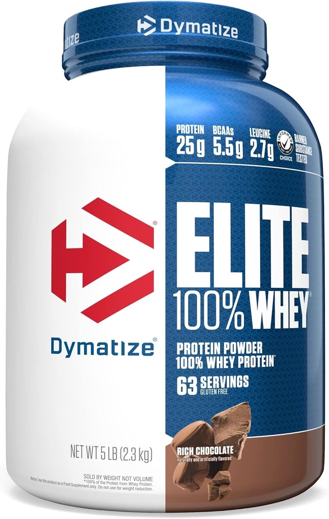 Dymatize Elite 100% Whey Protein Powder, 25g Protein, 5.5g BCAAs & 2.7 L-Leucine, Quick Απορροφώντας & Γρήγορο Digesting για Βέλτιστη αποκατάσταση μυών, πλούσια σοκολάτα, 5 Λίρες (63 εξυπηρετούν)