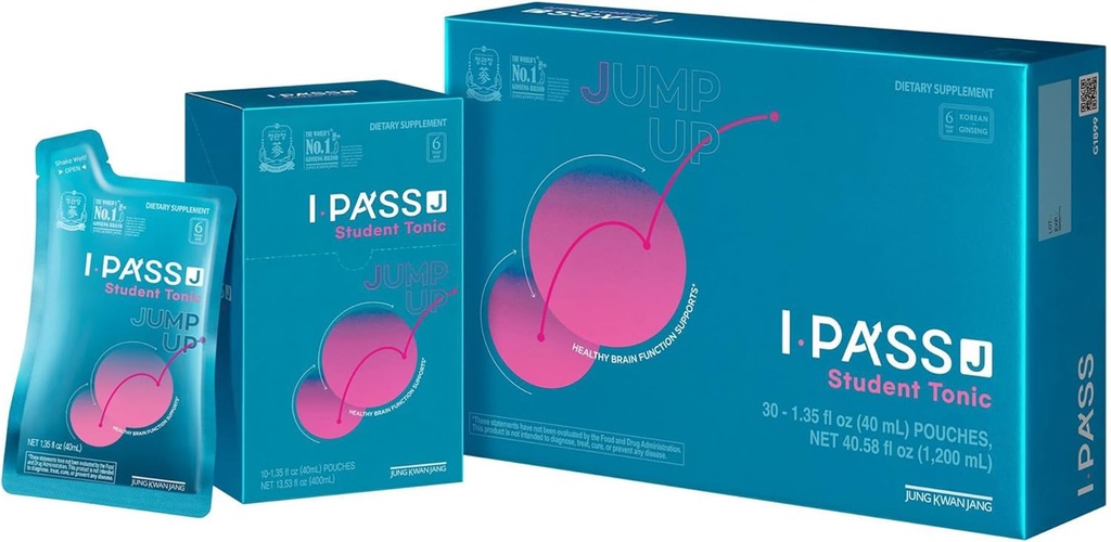 i-Pass Junior Dietary Supplement- Korean Red Panax Ginseng Extract - Support Immune System, Memory Improvement and Concentration, Productivity - 30 Pouches