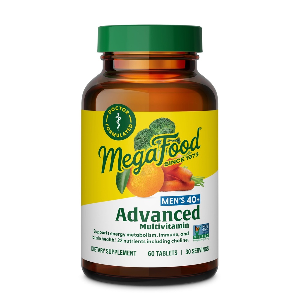 MegaFood Men's 40+ Advanced Multivitamin for Men - Dr-Formulated - Choline, Vitamin B, Vitamin C, Vitamin D, Zinc & Real Food - Εγκεφαλική Υγεία, Ανοσολογική Υποστήριξη - Χορτοφαγική - 60 Tabs (30 Servings)