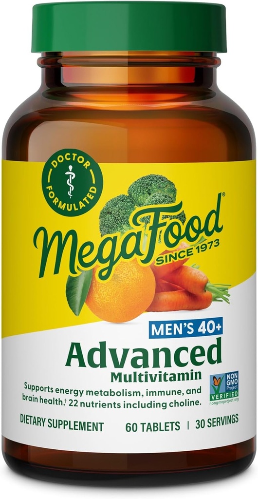 MegaFood Men's 40+ Advanced Multivitamin for Men - Dr-Formulated - Choline, Vitamin B, Vitamin C, Vitamin D, Zinc & Real Food - Brain Health, Immune Support - Vegetarian - 60 Tabs (30 Servings)