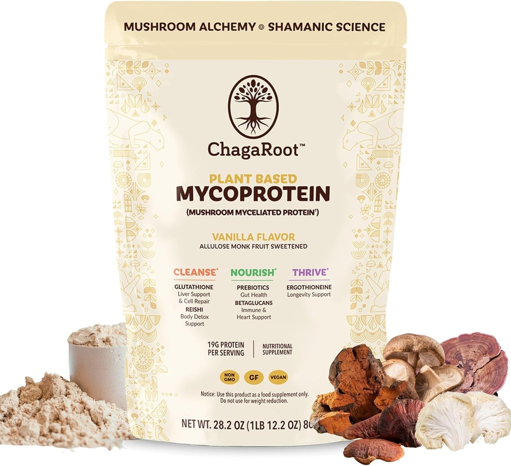 Mycoprotein Mushroom Protein Powder - Vegan Protein, Plant Based, Superfood, Master Blend of Chaga, Reishi, Turkey Tail, Shiitake, Lions Mane - Vanilla (1,76 lb)