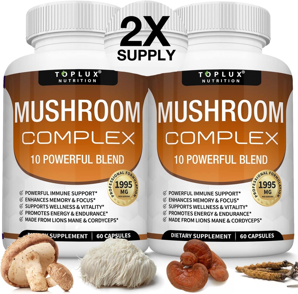 Toplux Mushroom Supplement Lions Mane & Cordyceps Reishi Chaga 10 Βιολογικό Mushroom Blend για την υποστήριξη του ανοσοποιητικού συστήματος, της μνήμης, της εστίασης & της σαφήνειας και της αύξησης της ενέργειας, για τις γυναίκες ανδρών, 60 κάψουλες