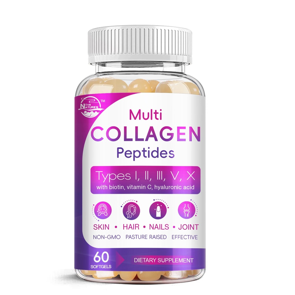 Multi Collagen Peptides Softgel - Type I, II, III, V, X - Hydrolyzed Collagen Peptides με Βιοτίνη, Βιταμίνη C, Υαλουρονικό Οξύ, Υποστηρίζει Δερμάτινο καρφί μαλλιών, Grass-Fed, Non-GMO, 60 Softgel, 1 συσκευασία