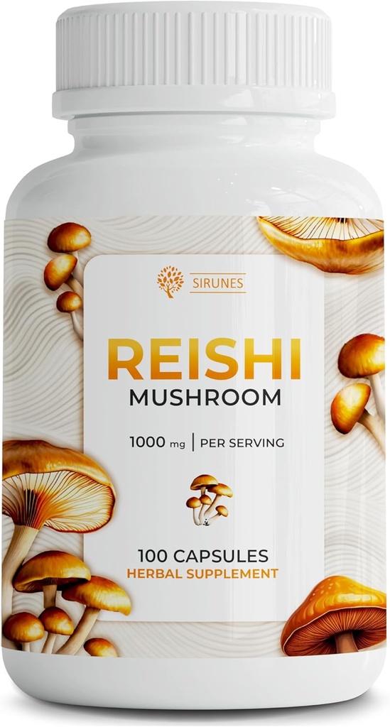 SIRUNES Reishi Mushroom Capsules – 100-Count Reishi Mushroom Supplement for Stress and Immune Support – 1000mg High-Strength Adaptogen Mushroom Superfood Capsules – Non-GMO and Natural