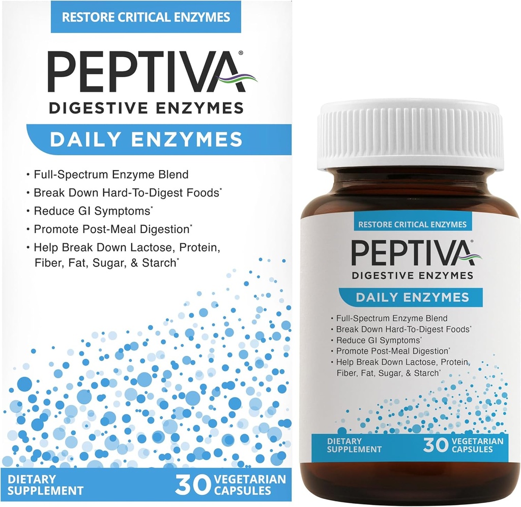 Peptiva Daily Digestive Enzymes, Full-Spectrum, Daily Digestive Health, Υποστηρίζει το Break-Down των Τροφίμων & Post-Meal Digetion, 30ct