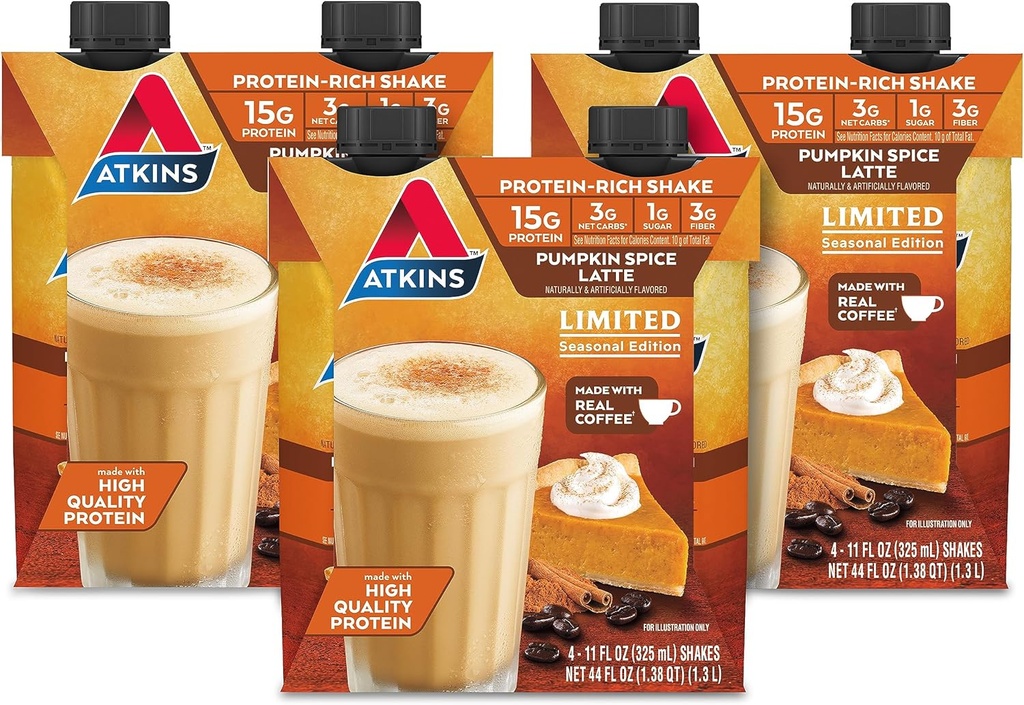 Atkins Pumpkins Spice Latte, 15g πρωτεΐνη, 3g υδατάνθρακες, 1g ζάχαρη, χαμηλή γλυκαιμική, Keto φιλικό, 12 μέτρα