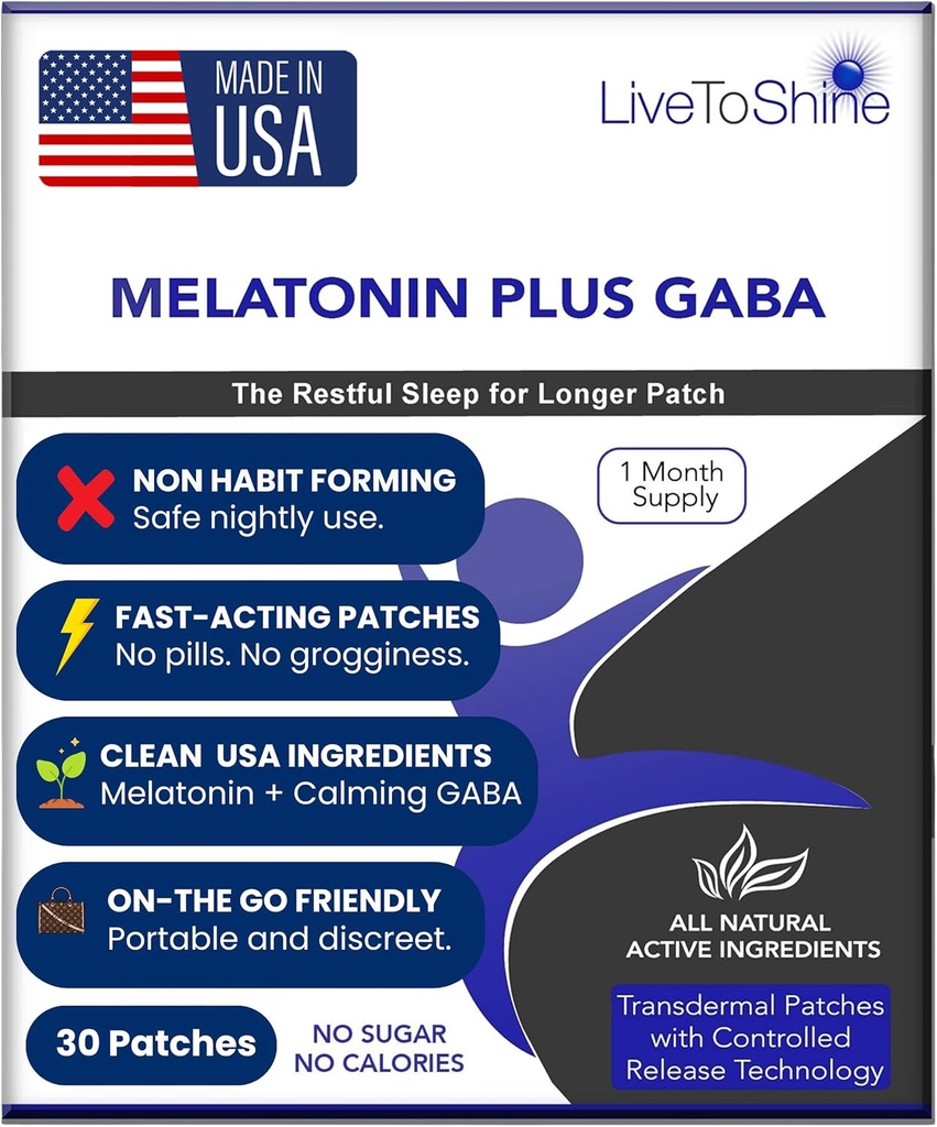Live To Shine Melatonin Patches for Sleep - Plus GABA to Calm Busy Brains Fast - Τέλειο Combo for Men and Women - Slow Release - 30 Patches - USA Made