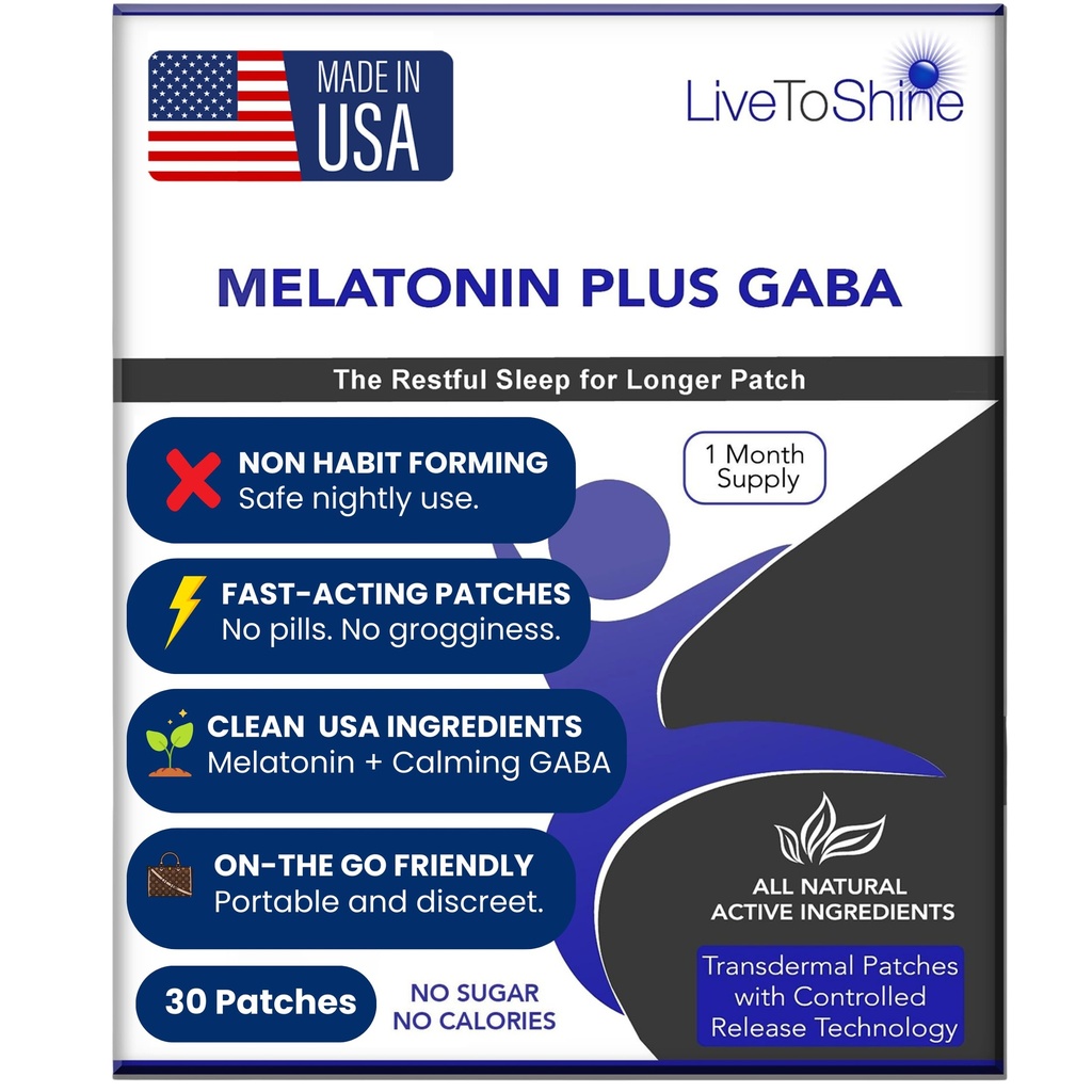 Live To Shine Melatonin Sleep Patches with GABA - 5mg Melatonin + 5mg GABA for Calm, Restful Sleep -12-Hour Slow Release Transdermal Patch - 30 Patches - No Pills or Gummies