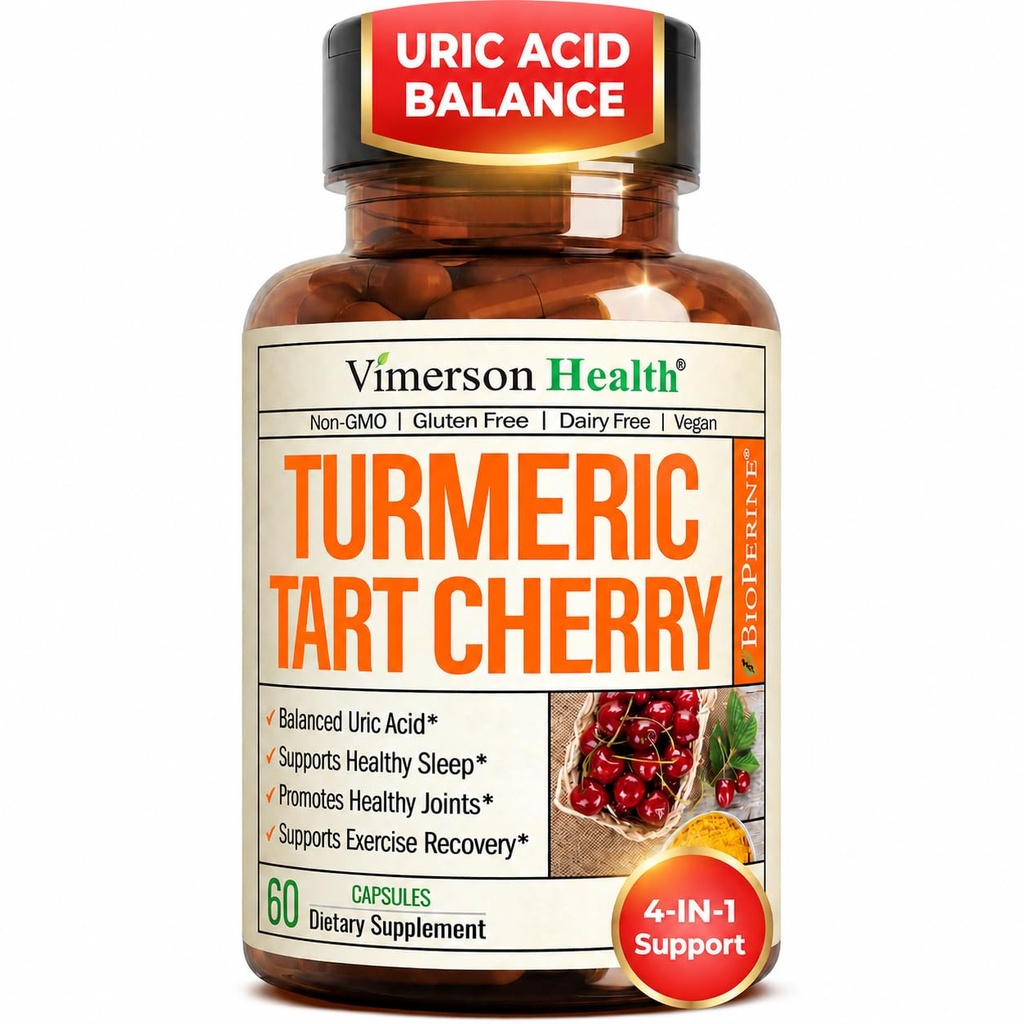 Turmeric Curcumin Supplement with 10:1 Tart Cherry Extract & Celery Seed Extract - Φυσική ισορροπία ουρικού οξέος, κοινή υγεία & βοήθεια ύπνου - Turmeric Curcumin with Black Pepper. 60 Tart Cherry Κάψουλες