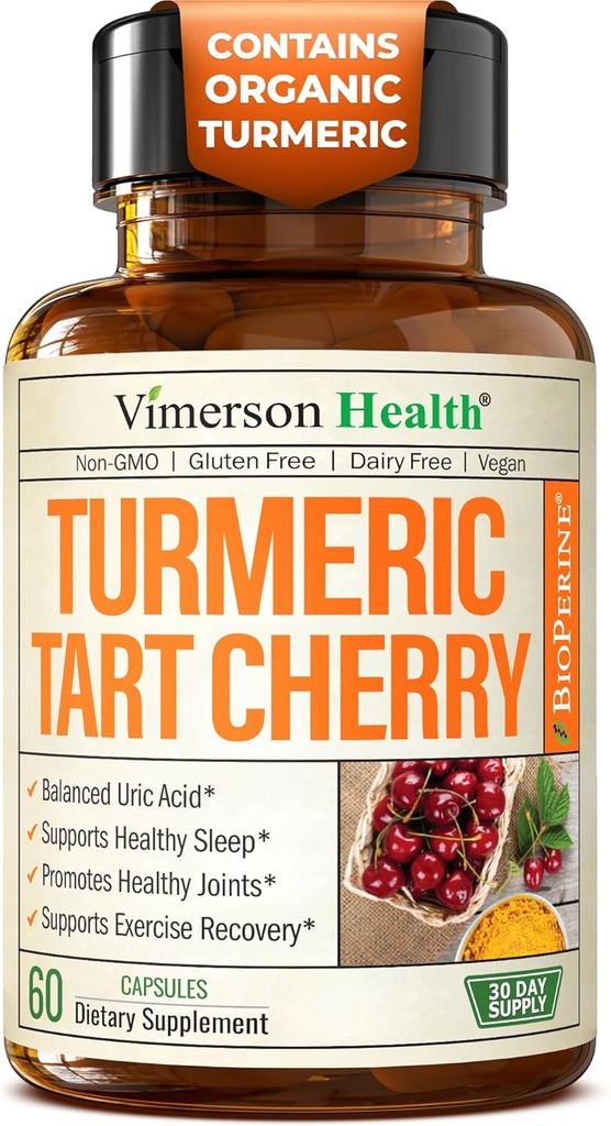 Turmeric Curcumin Supplement with 10:1 Tart Cherry Extract & Celery Seed Extract - Φυσική ισορροπία ουρικού οξέος, κοινή υγεία & βοήθεια ύπνου - Turmeric Curcumin with Black Pepper. 60 Tart Cherry Κάψουλες