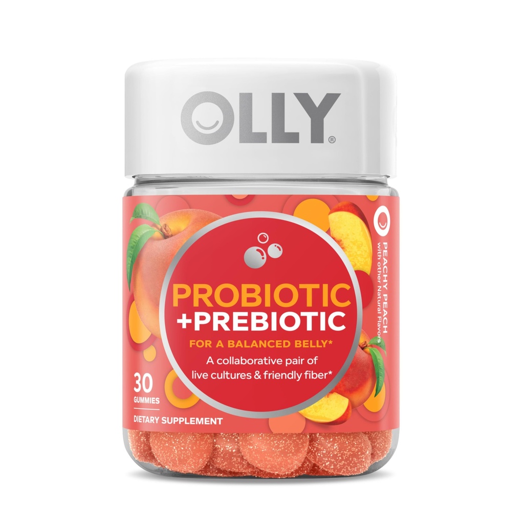 OLLY Probiotic + Prebiotic Gummy, 500 Million CFUs, FOS, Adult Chewable Supplement for Men and Women, Peach Flavored, 30 Day Supply - 30 Count