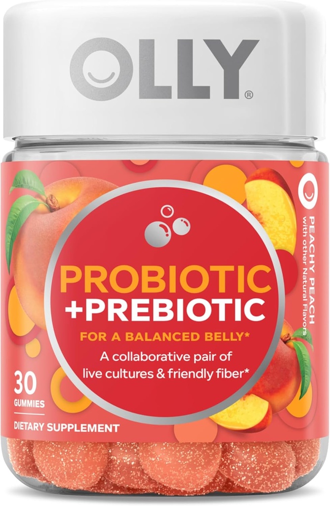 OLLY Probiotic + Prebiotic Gummy, Digestive Support and Gut Health, 500 Million CFUs, Fiber, Ενηλίκων Chewable συμπλήρωμα για άνδρες και γυναίκες, Ροδάκινο, 30 Ημέρα προσφοράς - 30 Μέτρα