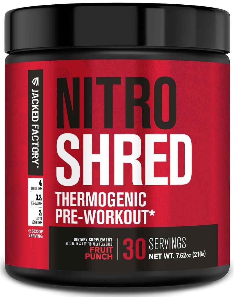 Jacked Factory NITROSURGE Shred Pre Workout Supplement - Ενεργειακό Booster, Άμεση Ενίσχυση Κερδίζει, Sharp Focus, Ισχυρές Αντλίες - Nitric Oxide Booster & PreWorkout Powder - 30Sv, Fruit Punch