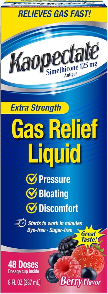 Kaopectate Extra Strength Gas Relief Liquid, Mixed Berry Flavor, Relives Gas, Bloating and Pressure, Simethicone 125 mg, 8 oz