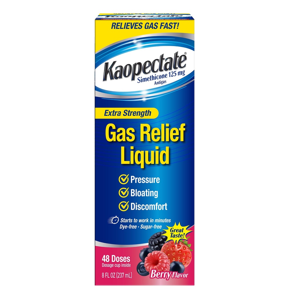 Kaopectate Extra Strength Gas Relief Liquid, Mixed Berry Flavor, Relives Gas, Bloating and Pressure, Simethicone 125 mg, 8 oz