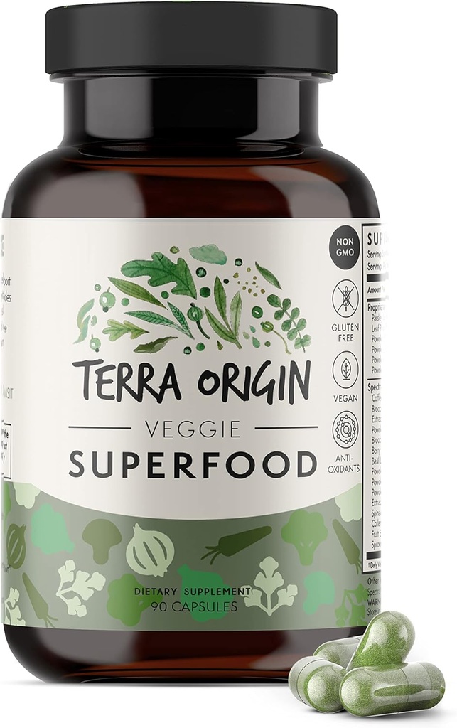 TERRA ORIGIN Veggie Superfood Supplement | 90 Veggie Capsules | Non GMO, Gluten Free, Vegan, and Made in USA | Natural Antioxidant for Adults