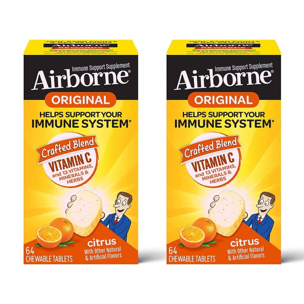 Airborne Vitamin C 1000mg (ανά υπηρεσία) - Citrus Chewable Tables (64ct/Box), Συμπλήρωμα Ανοσολογικής Υποστήριξης χωρίς γλουτένη, Βιταμίνες A C E, ZINC, Selenium, Echinacea, Ginger, Antioxidants (2- Pack)