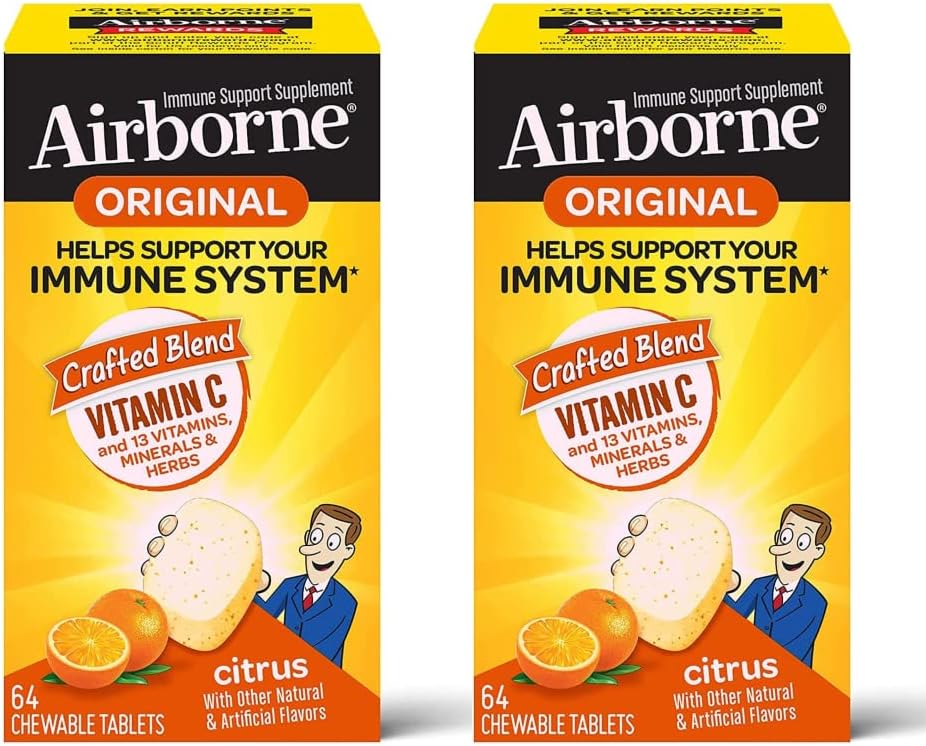 Airborne Vitamin C 1000mg (ανά υπηρεσία) - Citrus Chewable Tables (64ct/Box), Συμπλήρωμα Ανοσολογικής Υποστήριξης χωρίς γλουτένη, Βιταμίνες A C E, ZINC, Selenium, Echinacea, Ginger, Antioxidants (2- Pack)
