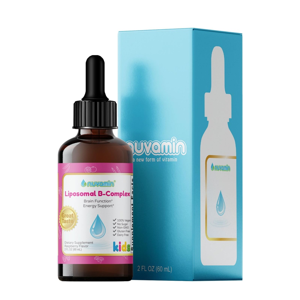 Nuvamin – Liquid Liposomal B-Complex Drops for Kids Baby Toddlers & Adults, 2Fl.Oz (60ml), 120 Daily Serving. B1, B2, B3, B5, B6, B7, B9, B12. Μεγάλη Γεύση - Φυσικό - Υψηλή Απορρόφηση, άρωμα σμέουρων