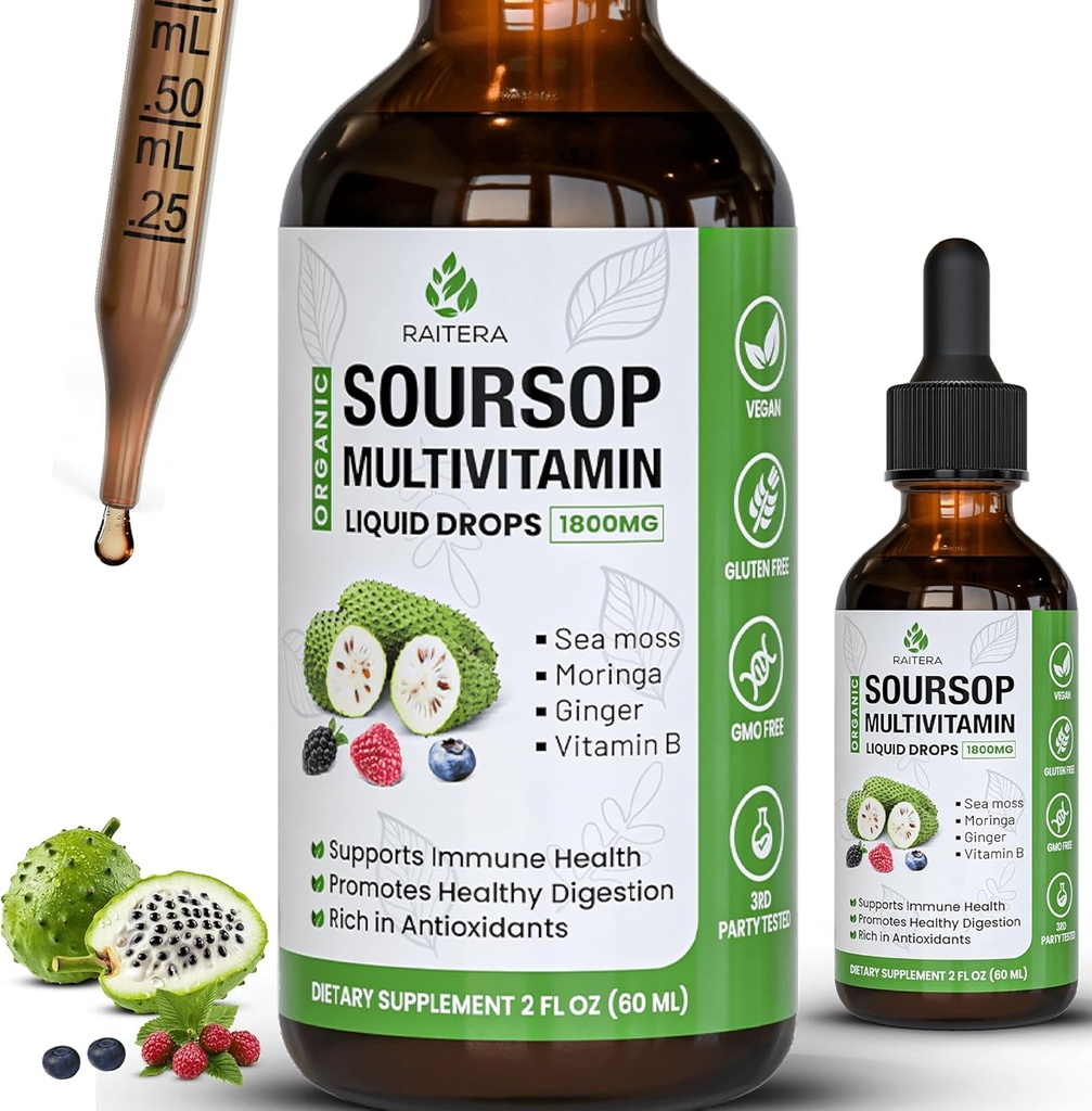 Soursop Graviola Multivitamin Liquid Drops 1800mg, Organic Soursop Bitters Liquid, Antioxidant Blend Sea Moss, Vitamin B6, C, D3, Pure Leaf Extract, Υποστήριξη Ανοσίας, 98% Απορρόφηση, Vegan, 2 fl oz