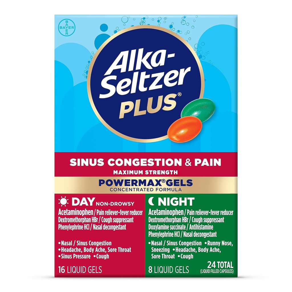 Alka-Seltzer Plus Μέγιστη δύναμη δύναμη Max Sinus Συμφόρηση & Πόνος Ιατρική, Ημέρα + Νύχτα Υγρά Gels - Ισχυρή ανακούφιση για το κρύο και τη γρίπη, + Sinus Συμφόρηση για Ενήλικες και Παιδιά 12+ Χρόνια, 24 μέτρα