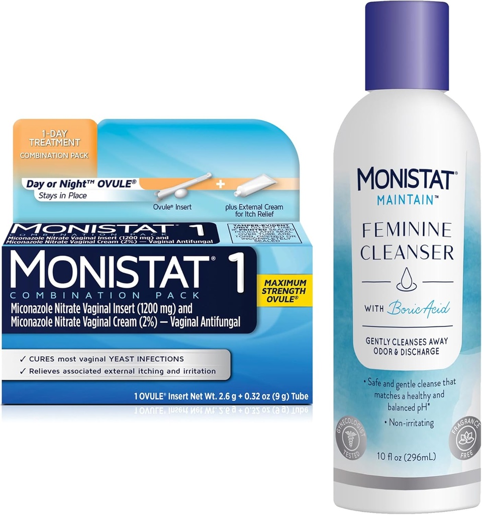 Monistat 1 ημέρα θεραπεία μόλυνσης ζύμης για τις γυναίκες, 1 Miconazole Ovule Εισαγωγή & εξωτερική Monistat Κρέμα Anti-Itch Bundle + 10 fl Boric Acid Feminine Cleanser