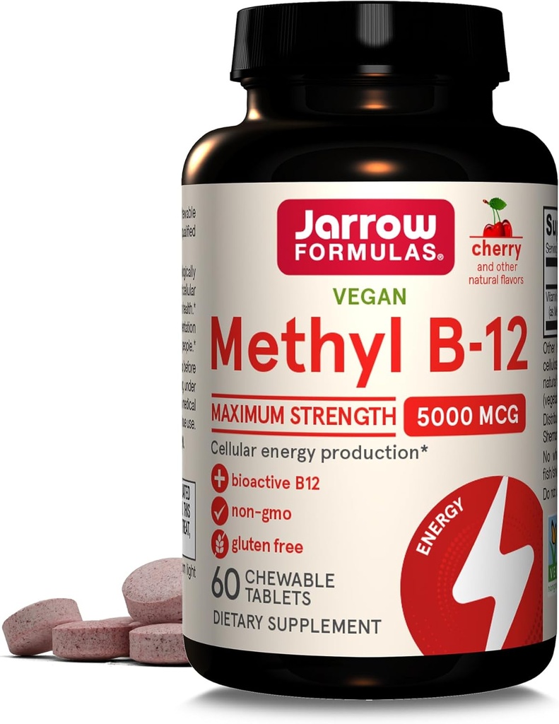 Jarrow Formulas Methyl B-12 5000 mcg - 60 Μασώμενα δισκία, Cherry - Βιοενεργή βιταμίνη B12 - Υποστηρίζει την παραγωγή ενέργειας, την υγεία του εγκεφάλου & Μεταβολισμός - Χωρίς γλουτένη - 60 Σερβιέτες
