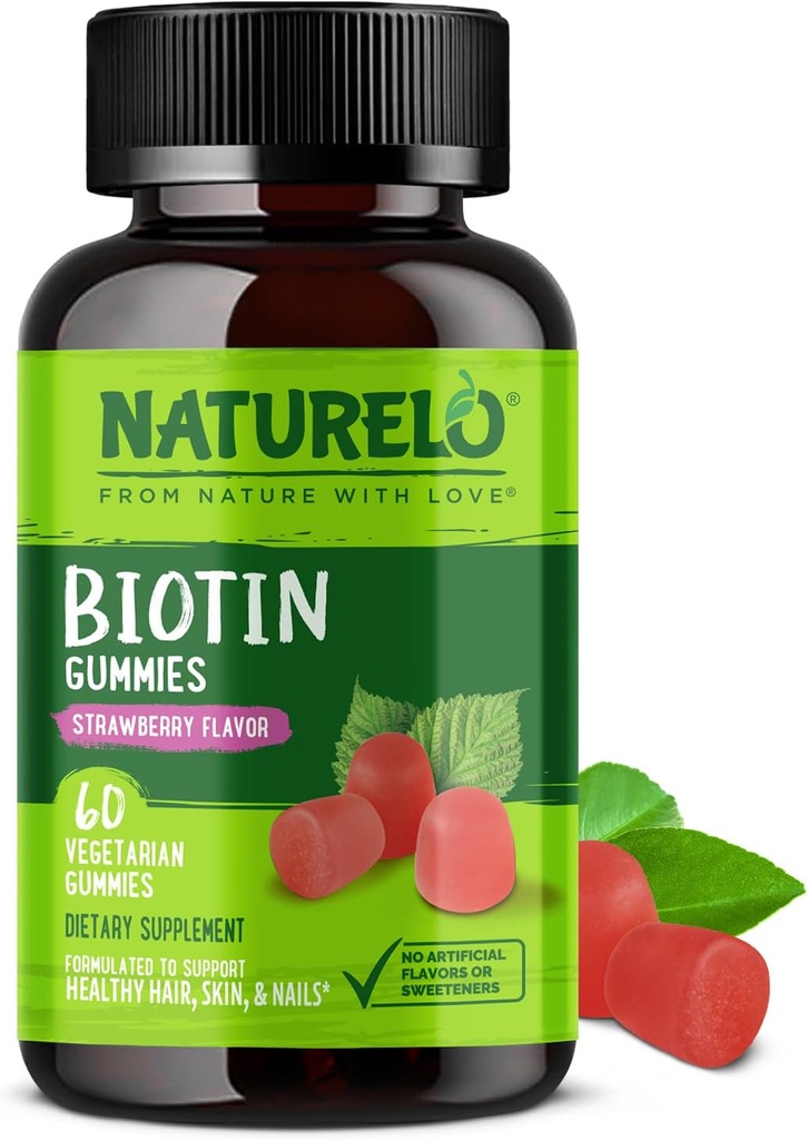 NATURELO Biotin Gummies - Υποστηρίζει υγιή μαλλιά, δέρμα & νύχια - υψηλή ισχύς 2500 mcg - μη ΓΤΟ, χωρίς γλουτένη - 60 Gummies
