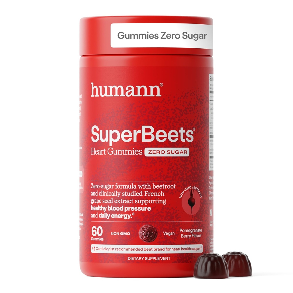 HumanN SuperBeets Heart Gummies - Beet Gummy με την ενεργειακή υποστήριξη, εκχύλισμα σπόρων σταφυλιών & σκόνη Beetroot, χωρίς ζάχαρη - Ρόδι Berry Flavor, 60 Count
