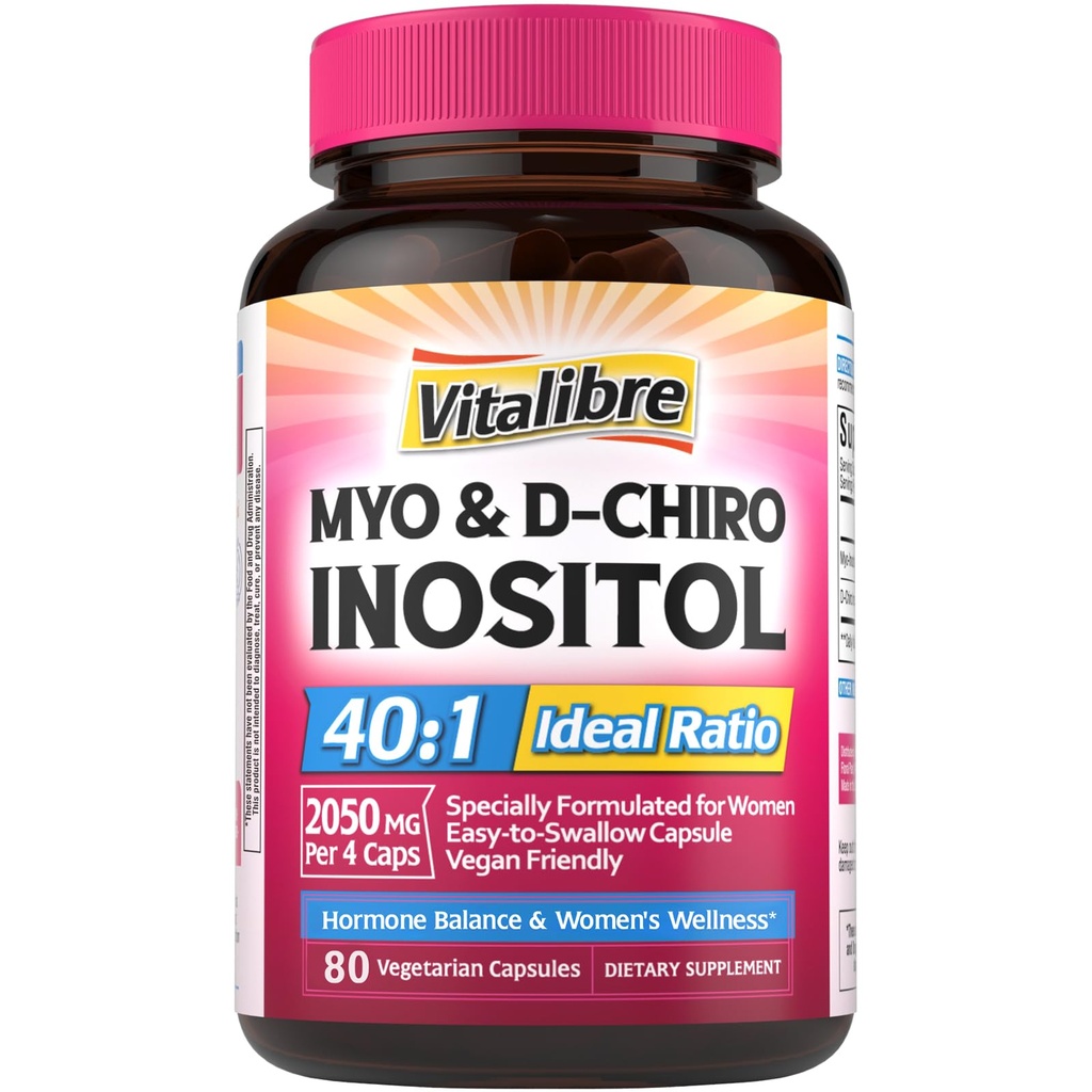 Συμπλήρωμα Ινοσιτόλης, Myo-Inositol & D-Chiro Συμπληρώματα Γονιμότητας Ινοσιτόλης για τις γυναίκες, 40:1 Ιδανική αναλογία, Ισορροπία ορμονών και Ovarian Υποστήριξη, 80 Κάψουλες Vegan