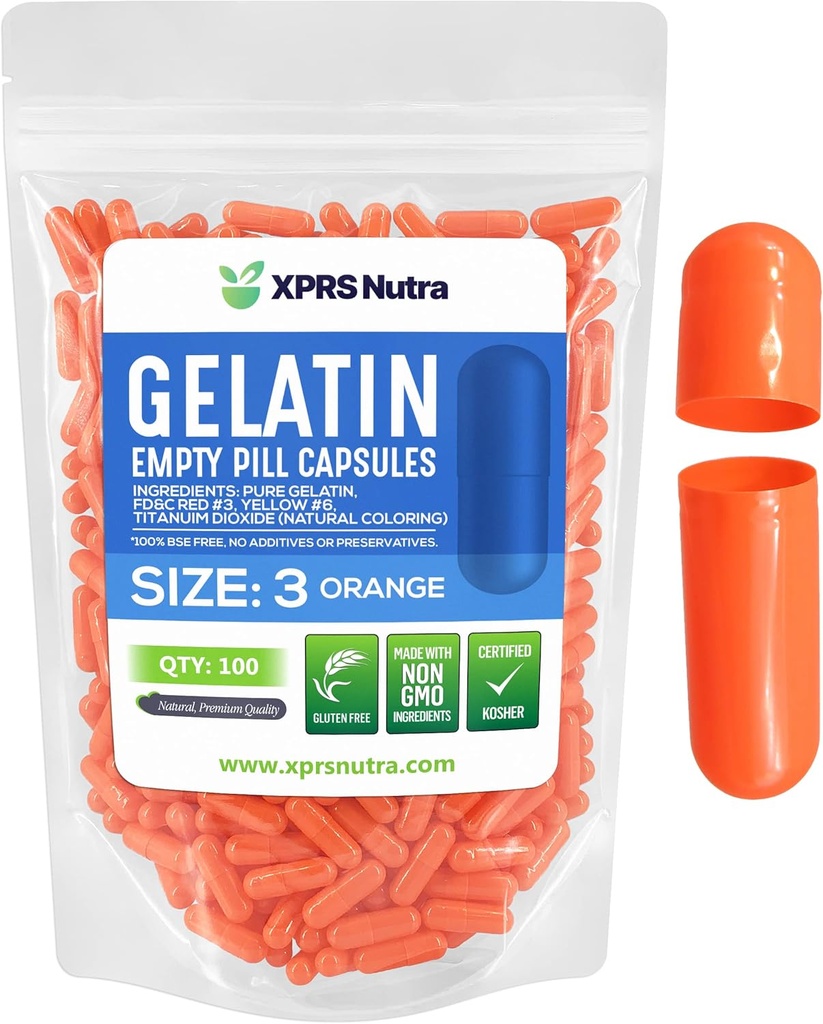 XPRS Nutra Size 3 Empty Capsules - 100 Count Empty Gelatin Capsules - Pills DIY Capsule Filling - Pure Bovine Pill Gel Caps Fillable for Do-It-Yourself Vitamins and Supplements (Orange)
