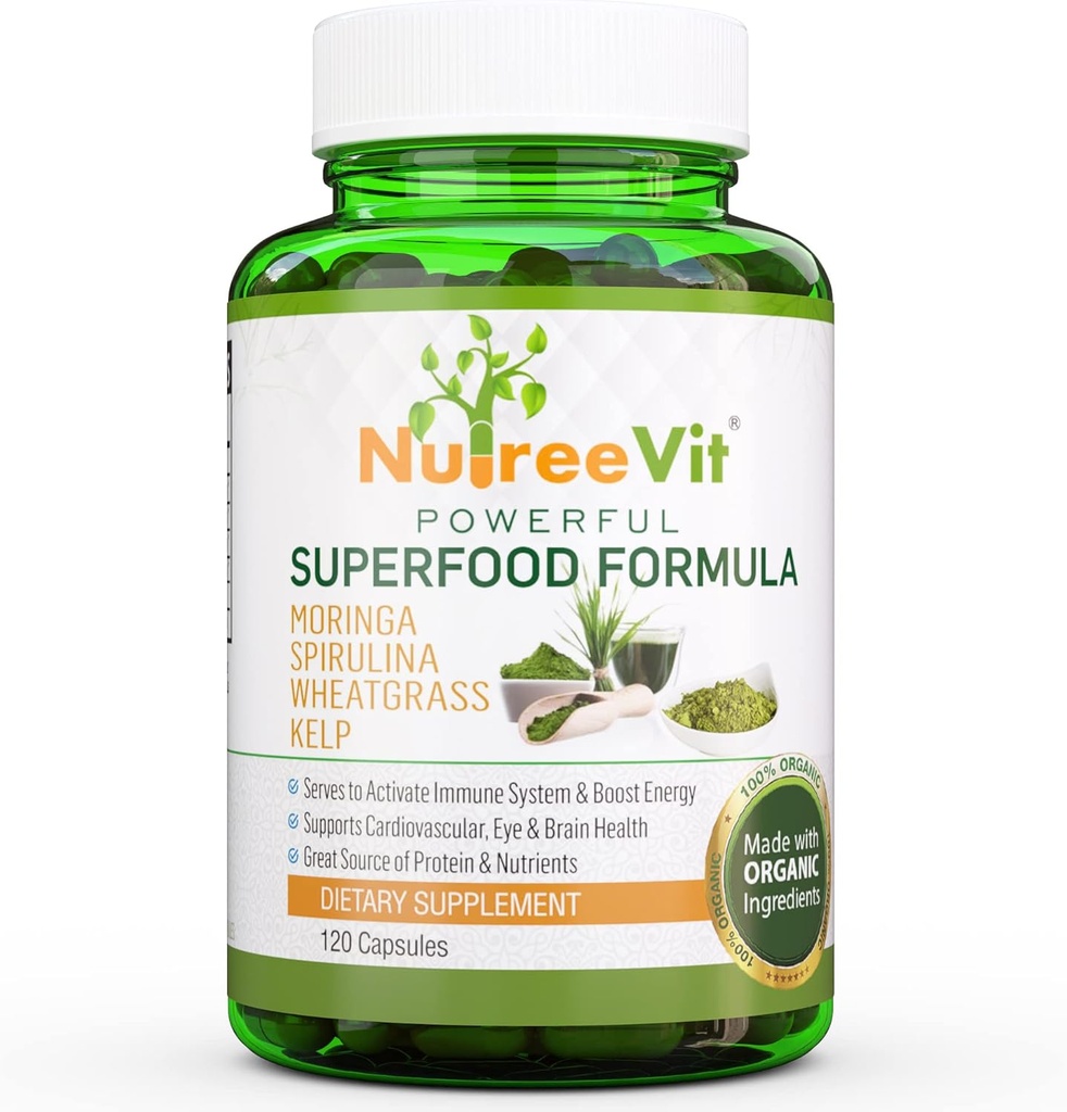 NutreeVit 100% Organic Powerful Superfood Formula - Ενισχυτικά χάπια του ανοσοποιητικού συστήματος με Moringa, Spirulina, Wheatgrass και Kelp - 240 Count Bottle