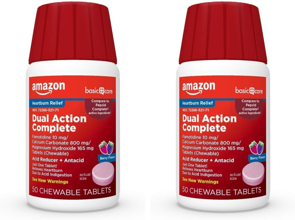 Basic Care Dual Action Complete, Chewable Acid Reducer Plus Antacid Tablets, Berry Flavor, Heartburn Medicine, Acid Indigestion Relief, 50 Count (Pack of 2)