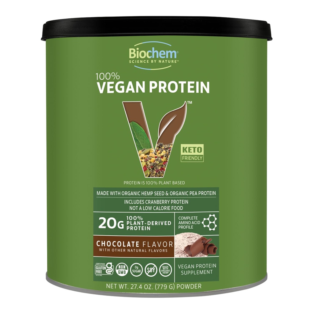Biochem 100% Vegan Protein, φυσικά αμινοξέα, χωρίς γλουτένη, Keto, μη Whey, Pea & Hemp Protein Powder για γυναίκες και άνδρες, 24 μερίδες 2 LB (Chocolate)