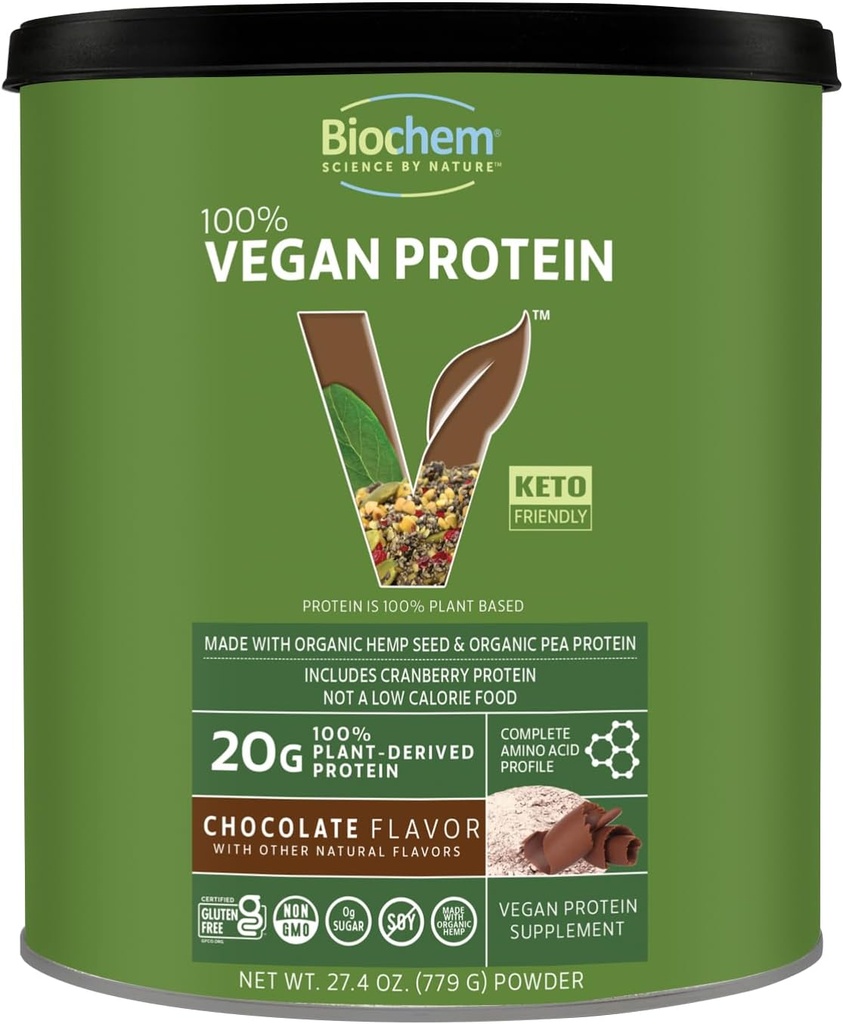 Biochem 100% Vegan Protein, φυσικά αμινοξέα, χωρίς γλουτένη, Keto, μη Whey, Pea & Hemp Protein Powder για γυναίκες και άνδρες, 24 μερίδες 2 LB (Chocolate)