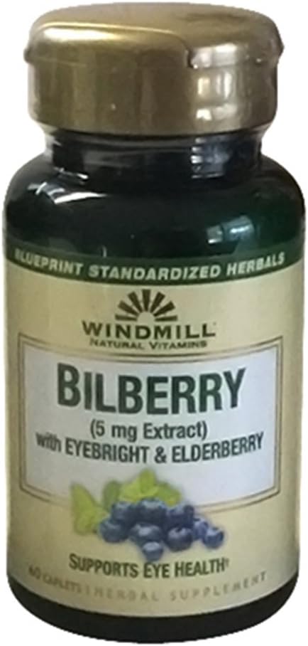 Windmill Bilberry 5 mg Εκχυλίσματα, Με Eyebright & Elderberry Υποστηρίζει την υγεία των ματιών, 60 Ea