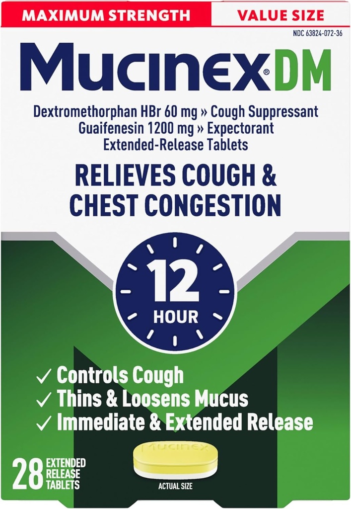 Mucinex Cough Suppressant and Expectorant, DM Maximum Strength 12 Hour Tablets, 28ct, 1200 mg Guaifenesin, Relieves Chest Congestion, Quiets Wet and Dry Cough, #1 Doctor Recommended OTC Expectorant