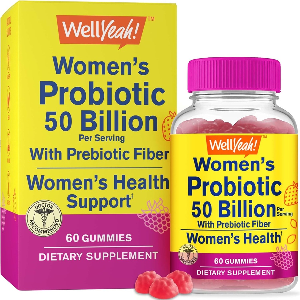 WellYeah Womens Probiotic 50 Billion Gummies 12 Strains - with Prebiotic Fiber for Digestive - Vaginal, Digestive, Immune Suport and Gut Health - Shelf Stable Probiotic Gummies - 60 Gummies