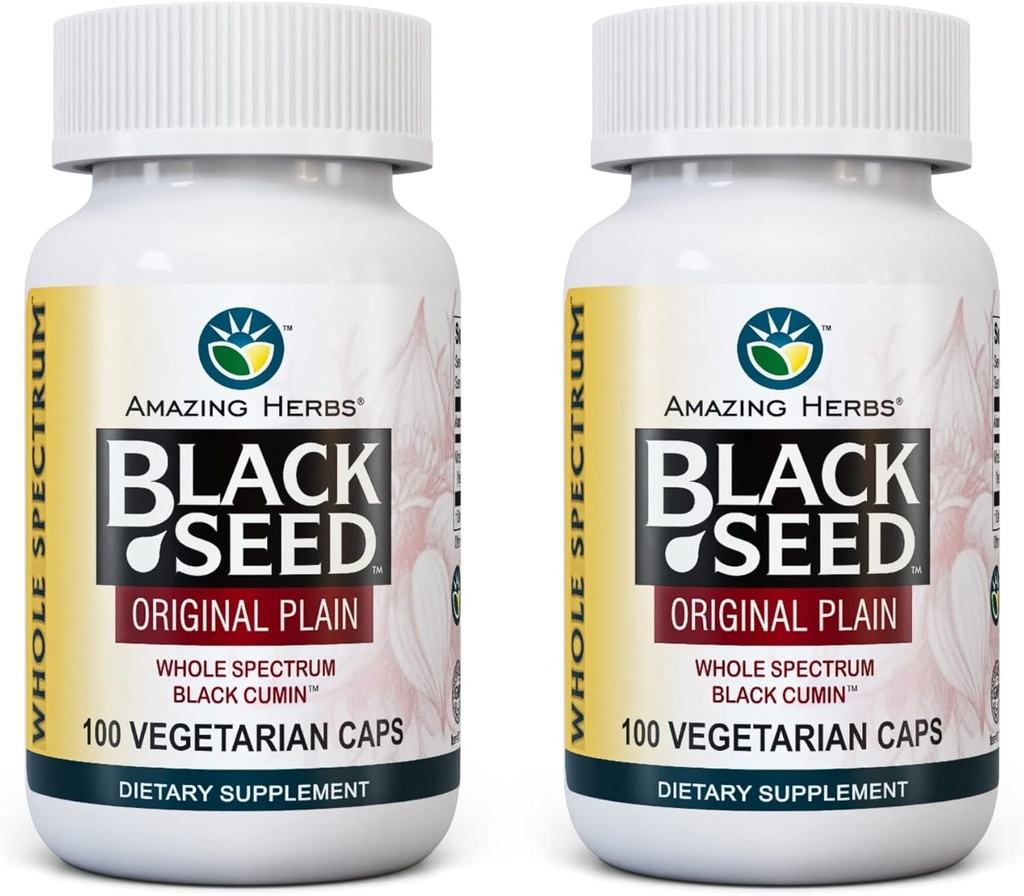 Amazing Herbs Whole Spectrum Black Seed Original Plain, Vegetarian Capsules - Χωρίς γλουτένη, Μη ΓΤΟ, Ψυχρό Πατημένο Nigella Sativa Aids in Digestive Health - 100 Count, 475mg (2-Pack)