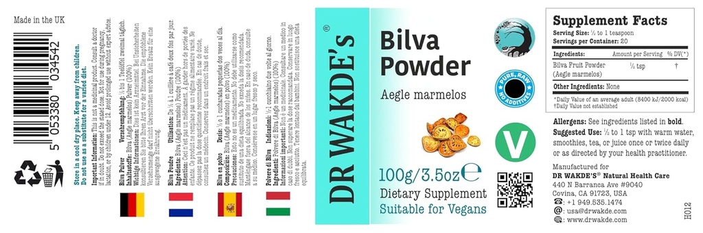 DR WAKDE'S Bilva Fruit Powder (Bael Fruit | Aegle Mermelos) - 100g (3.5oz) | Pure, Raw & Dried Powder | Ayurvedic Herb | Vegan | Nothing Added, Nothing Removed | Same Day Dispatch