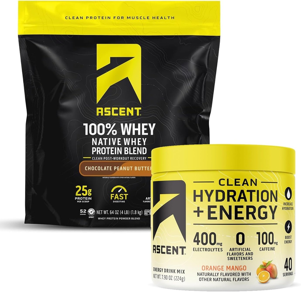 Ascent 100% Whey Protein Powder, Chocolate Peanut Butter 4 lb & Hydration + Energy Electrolytes, Orange Mango 40 Servings