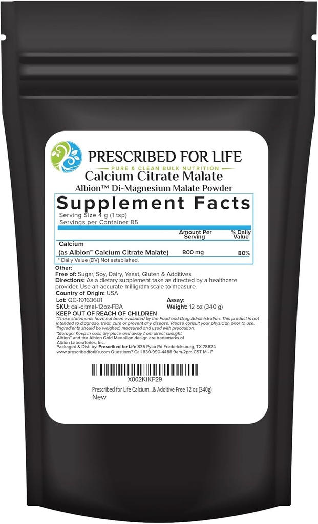 Prescribed for Life Calcium Citrate Malate, Pure Vegan Calcium Powder, Easy Absorption Formula, Non GMO, Filler & Additive Free (340g)